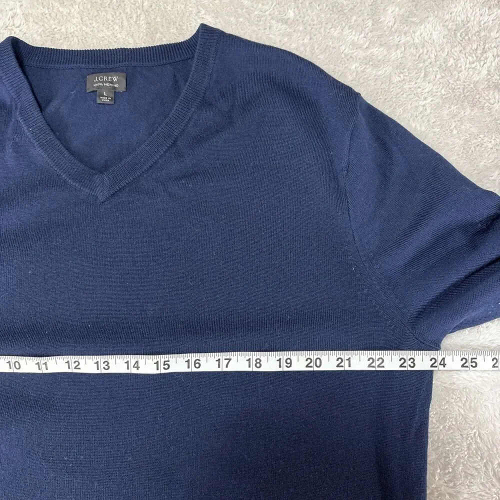 J. Crew Mens Large Merino Wool V-Neck Sweater Navy Blue Pullover Knit Preppy
